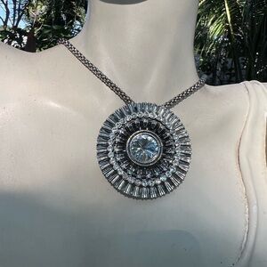 Unique Vintage Silvertone and Crystal Statement Necklace